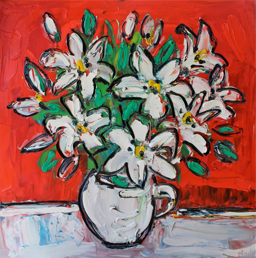 Lilly Bouquets on Red 60cm x 60cm